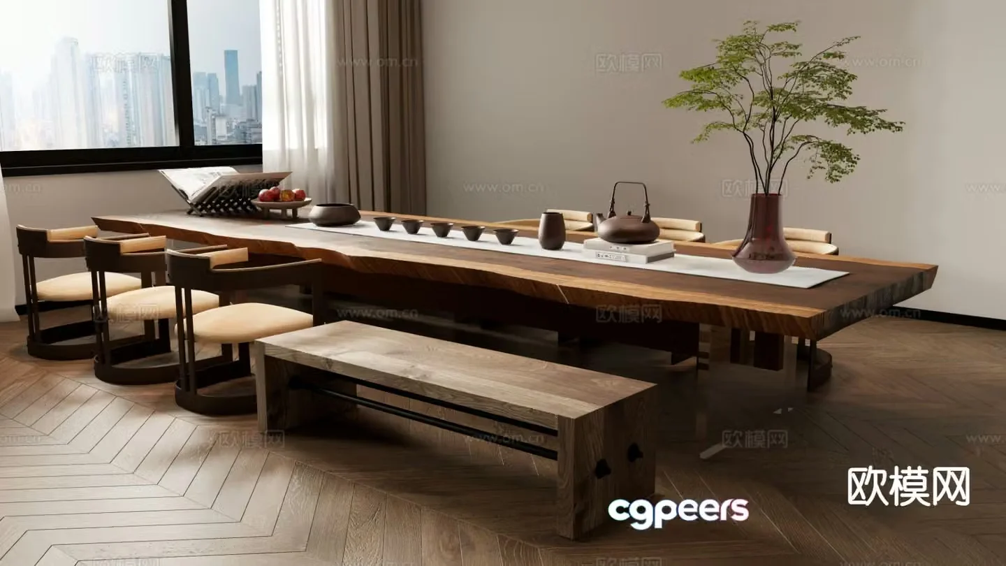 New Chinese tea table and chairs tea table bench 3d model
