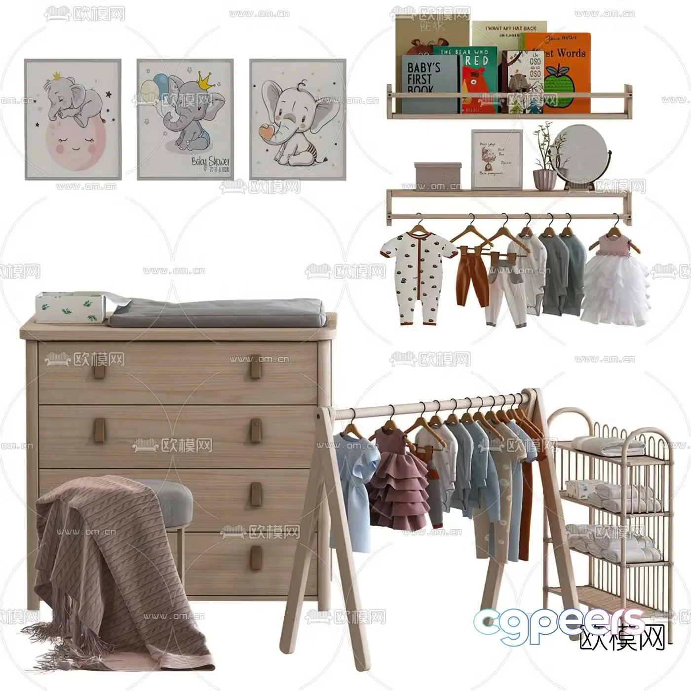 Modern children’s clothes hanger wardrobe wall shelf 3d model