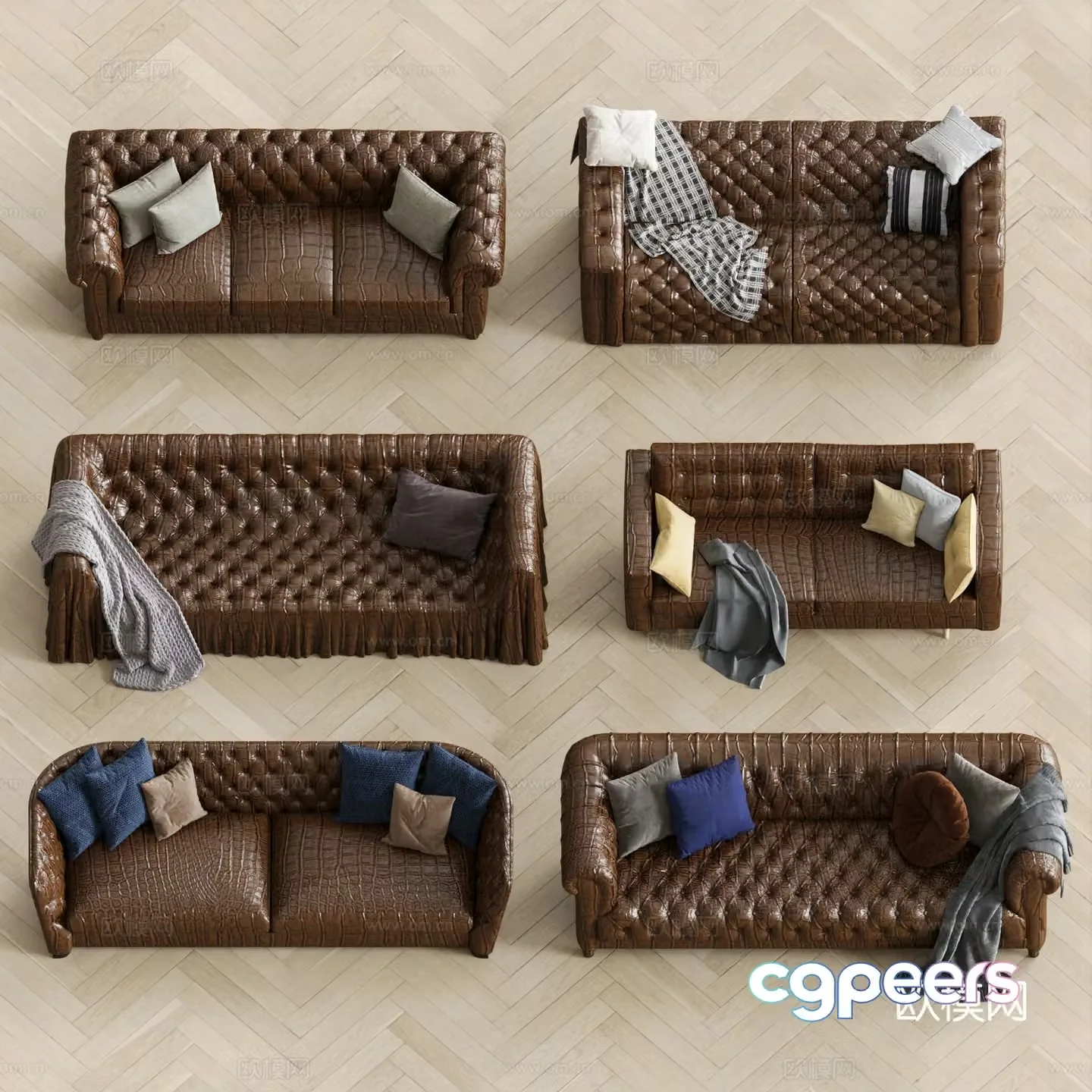 American European sofa combination double sofa three-person sofa leather 3D model