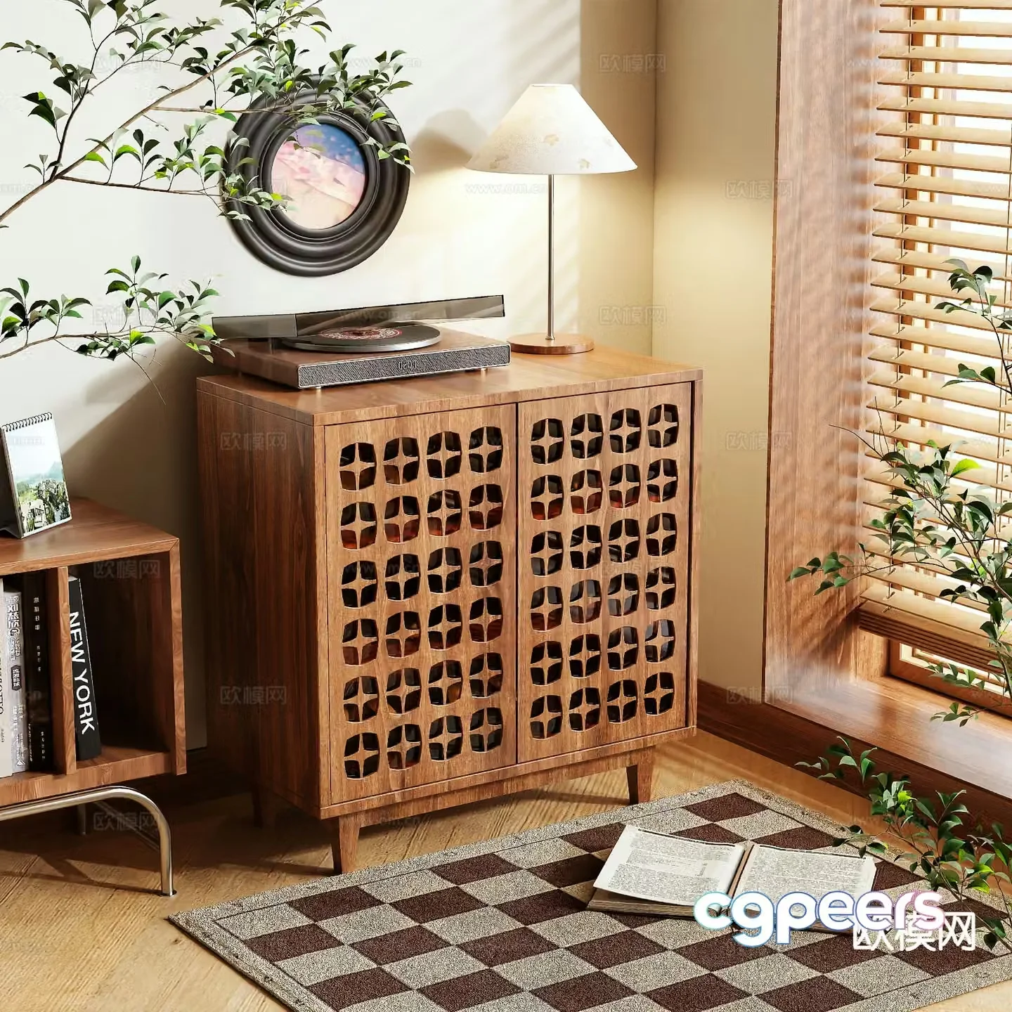 Log style low cabinet entrance shoe cabinet 3D model