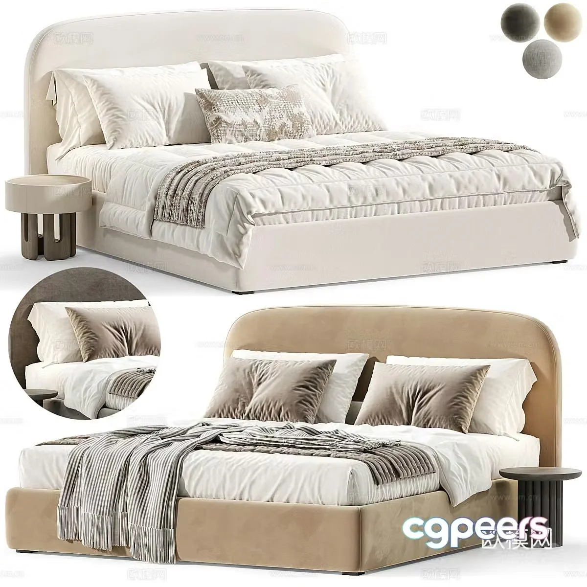 Modern cream style fabric double bed 3d model