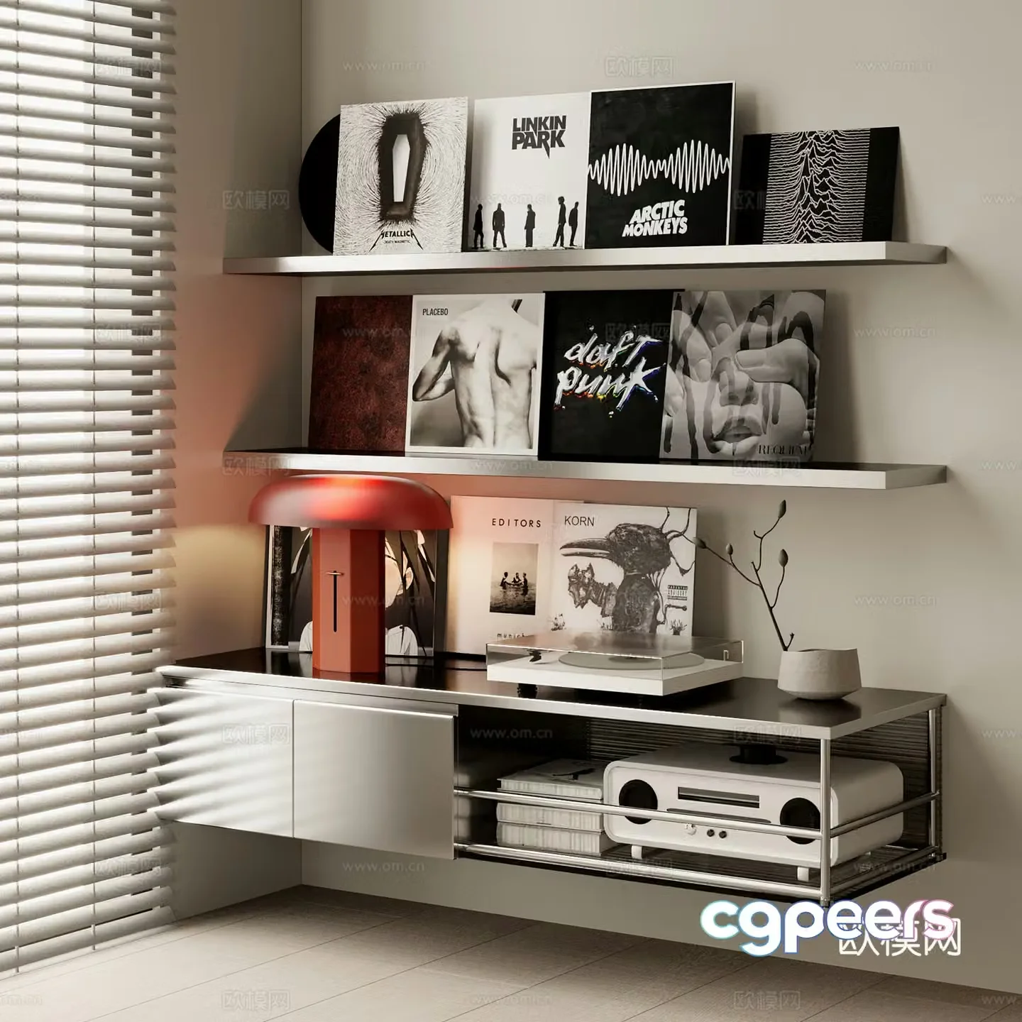 Medium style metal bookshelf decorative shelf books desk lamp audio record machine record disc 3d model