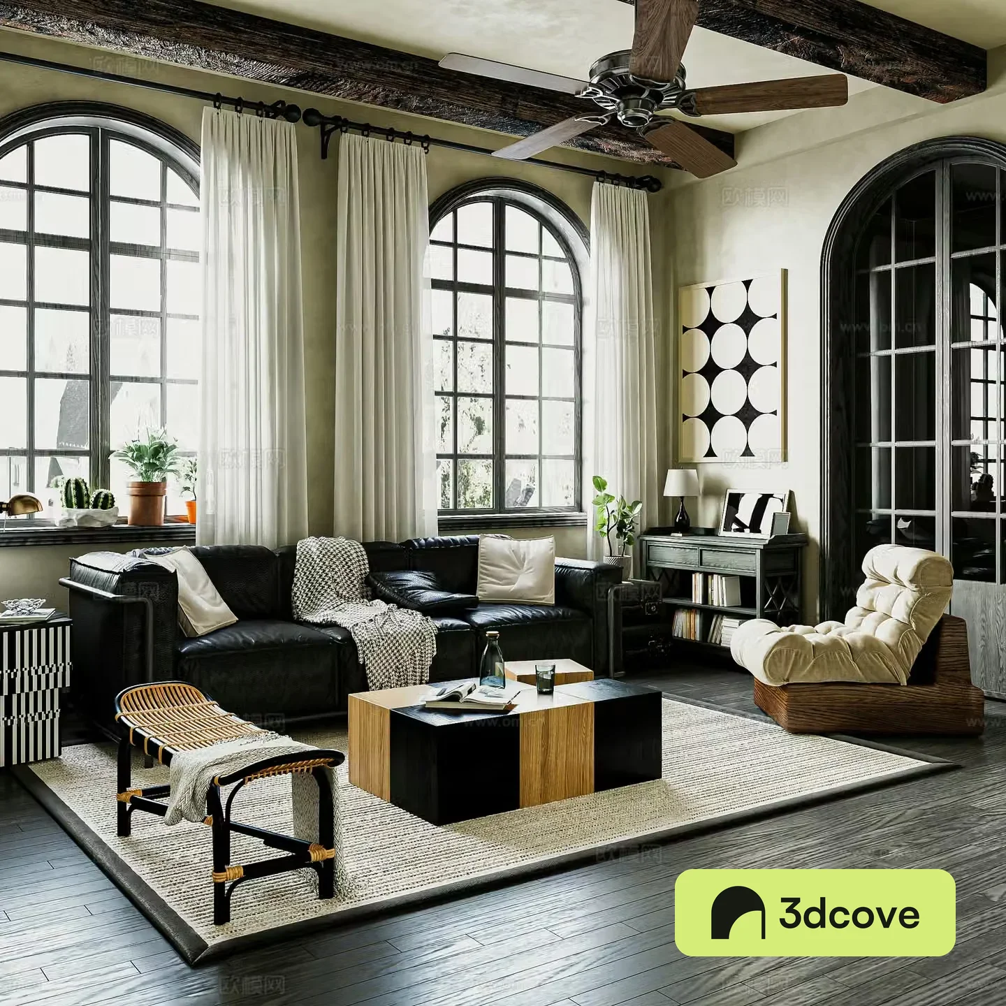 American retro villa living room oil wax leather sofa rattan bench floor lamp side cabinet retro floor