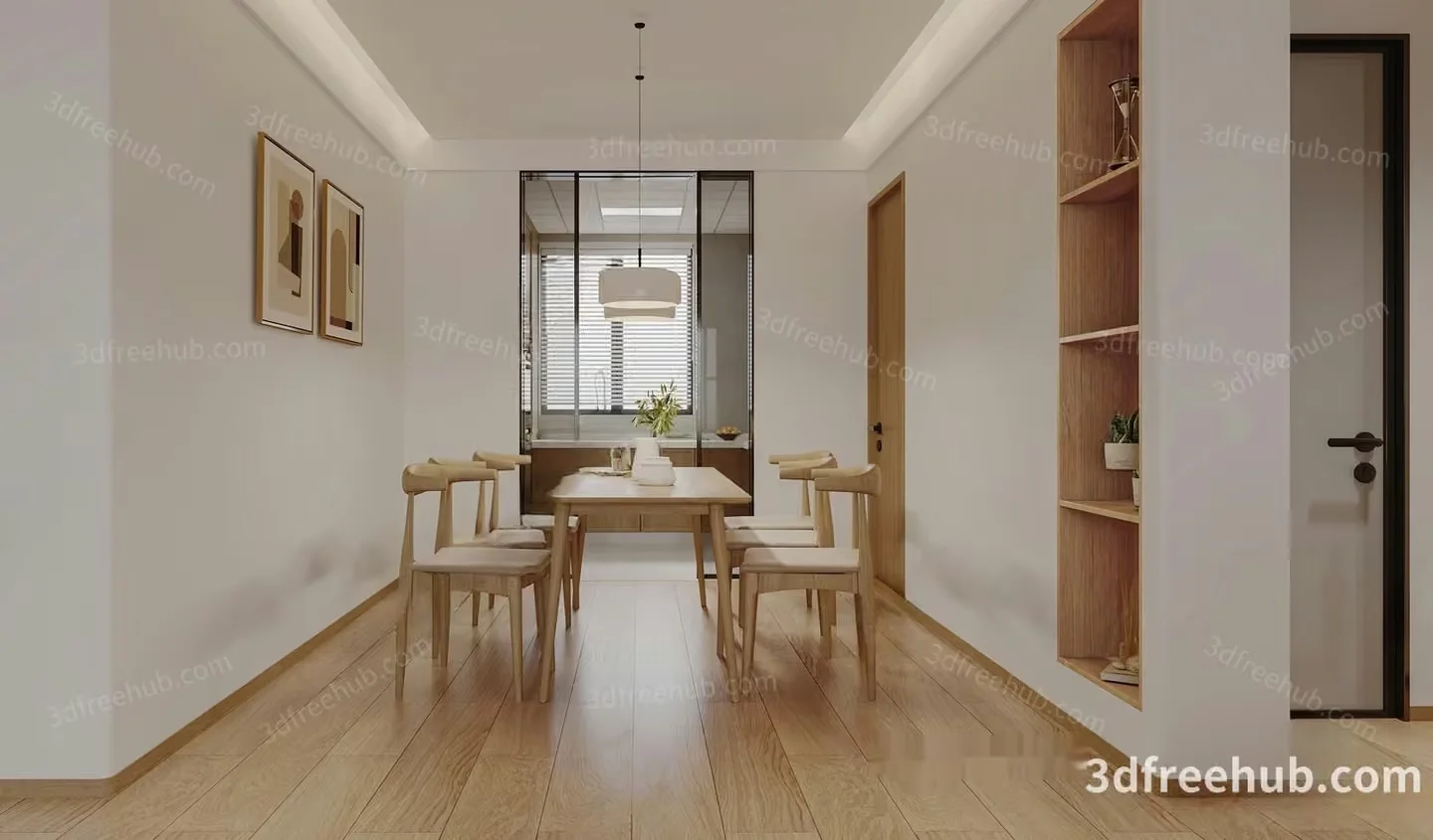 A Modern Dining Room With A Wooden Table And Chairs 3D Model – 21182 – VRAY Render