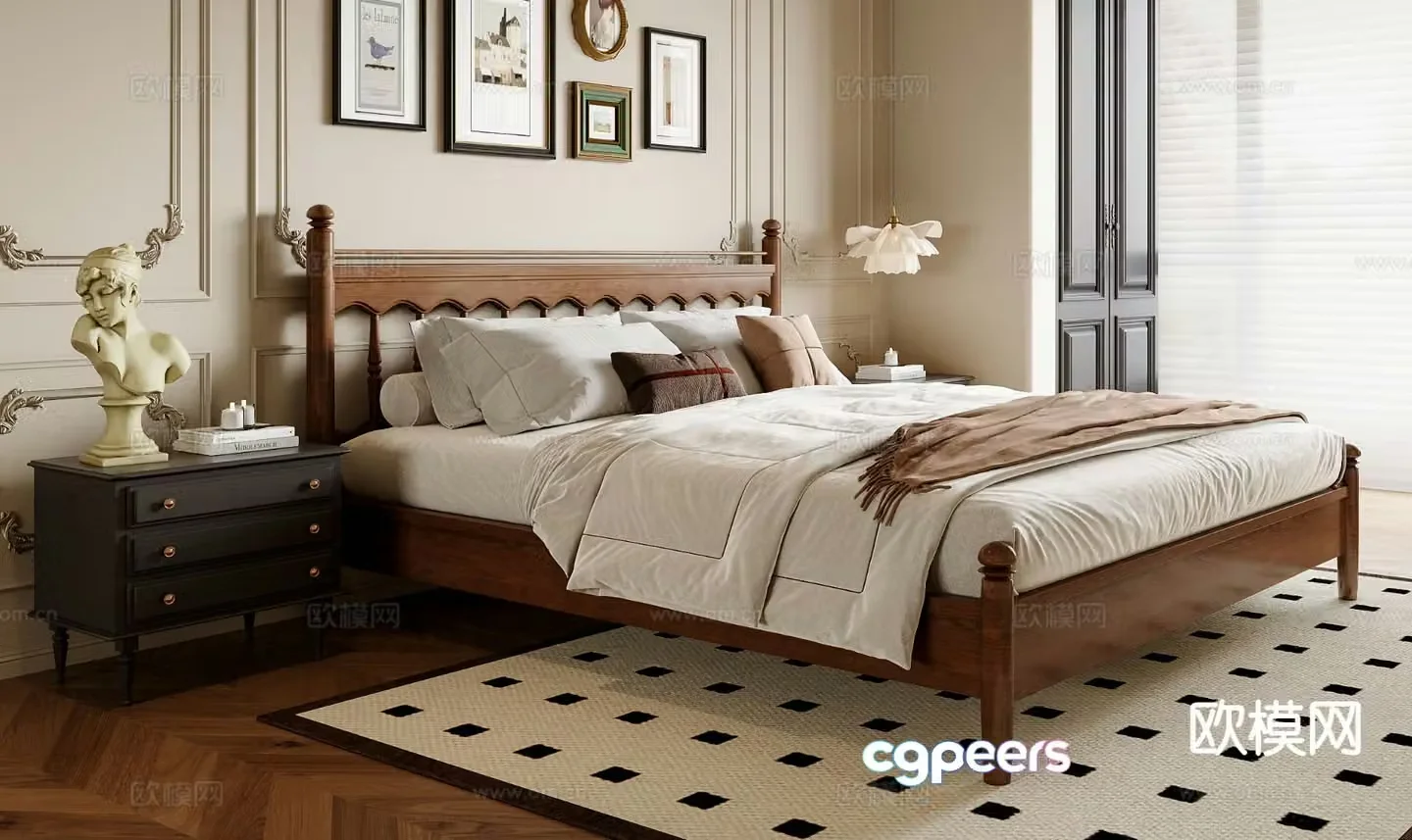 French double bed 3d model