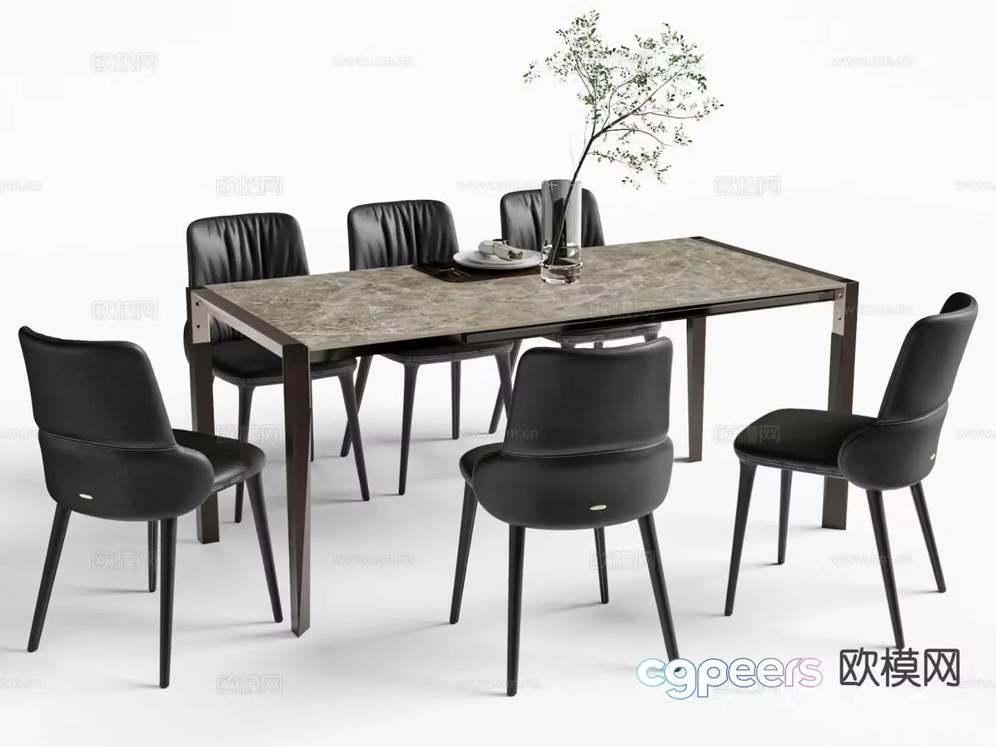 Modern slate dining table and chairs 3d model