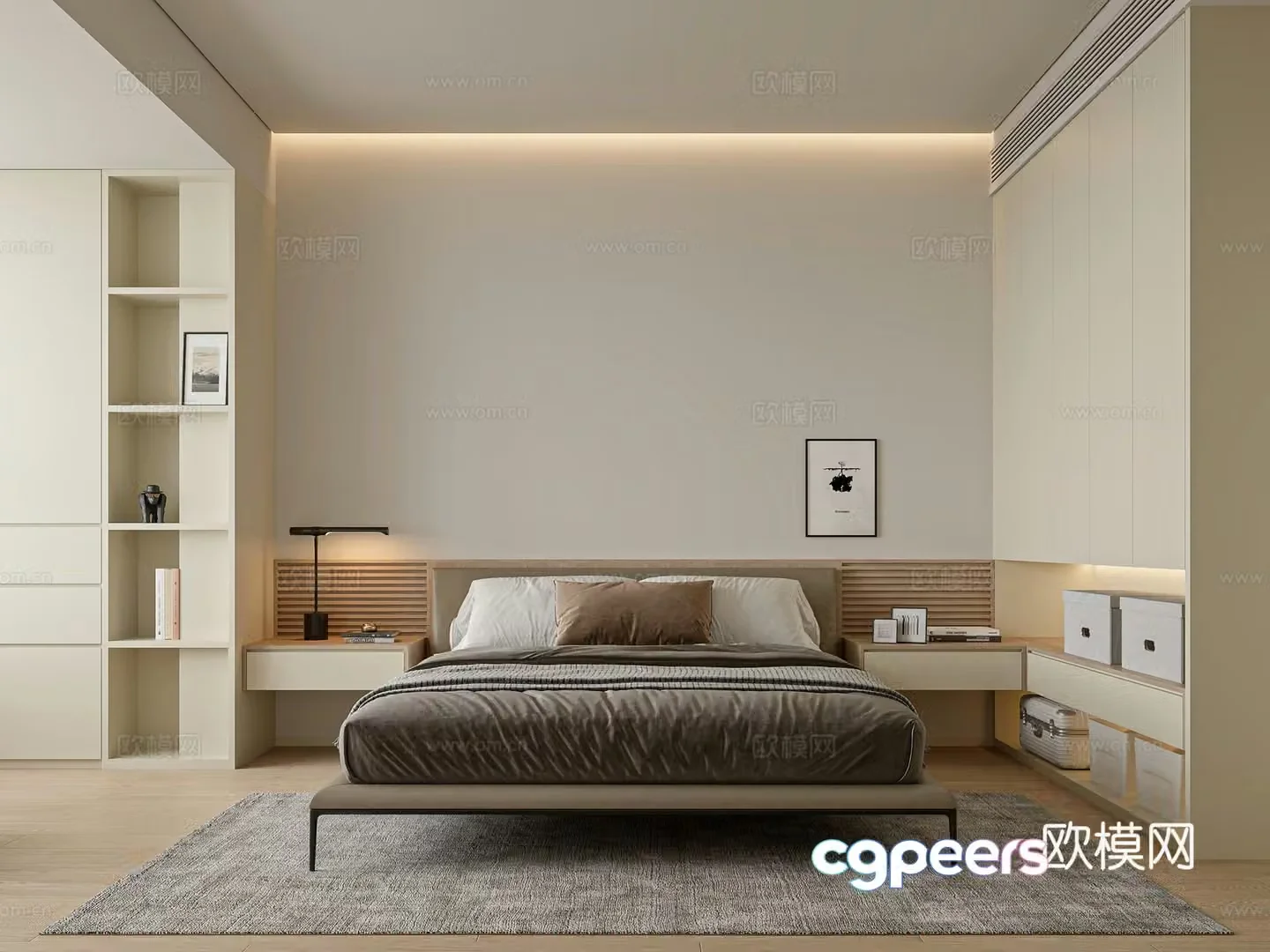 Modern cream master bedroom Minimalist cream bedroom Suspended bedside table Minimalist leisure chair 3d model