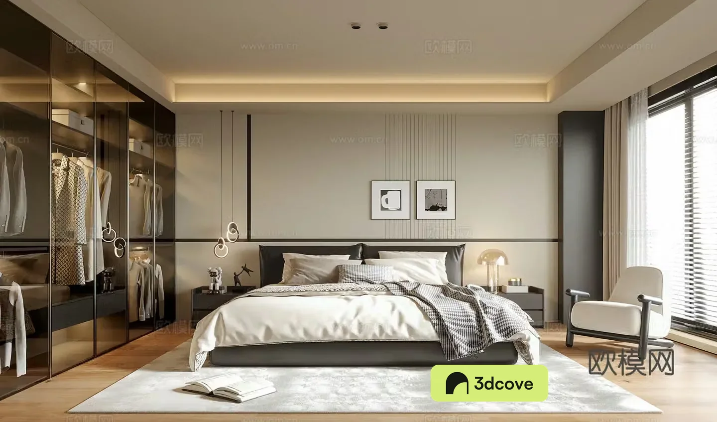 Modern bedroom without owner lights double bed nightstand