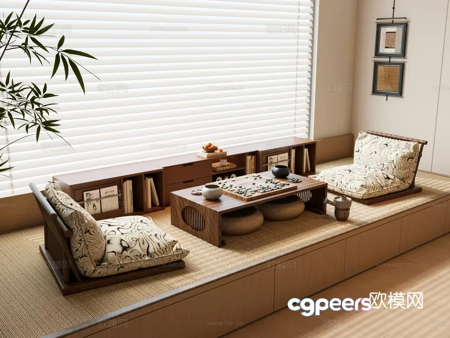 Modern medieval bay window cabinet tatami tea room Japanese tea table Gozi venetian blind bay window cushion 3D model