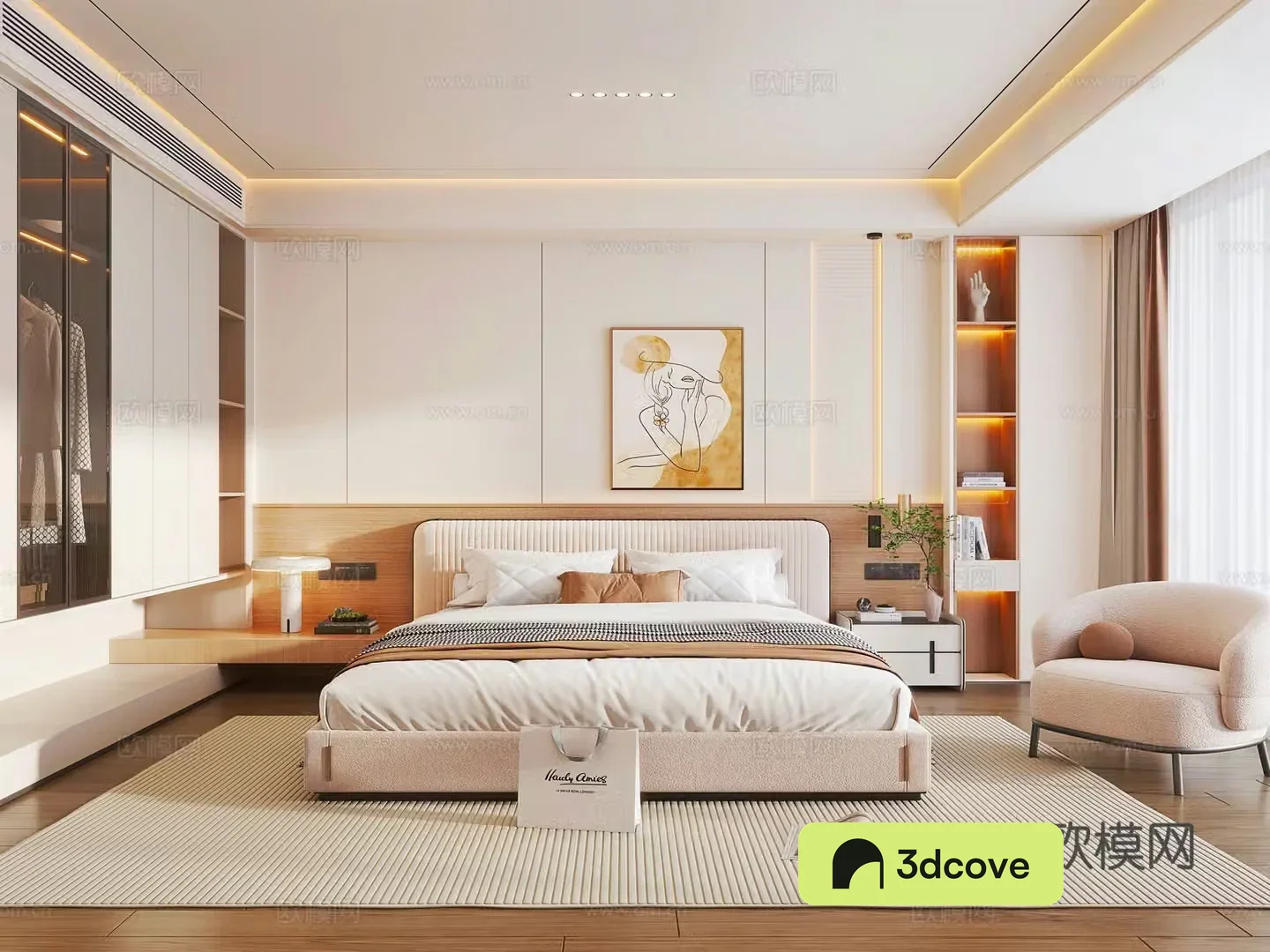 Modern cream home bedroom Cream style fabric double bed nightstand modern wardrobe chandelier