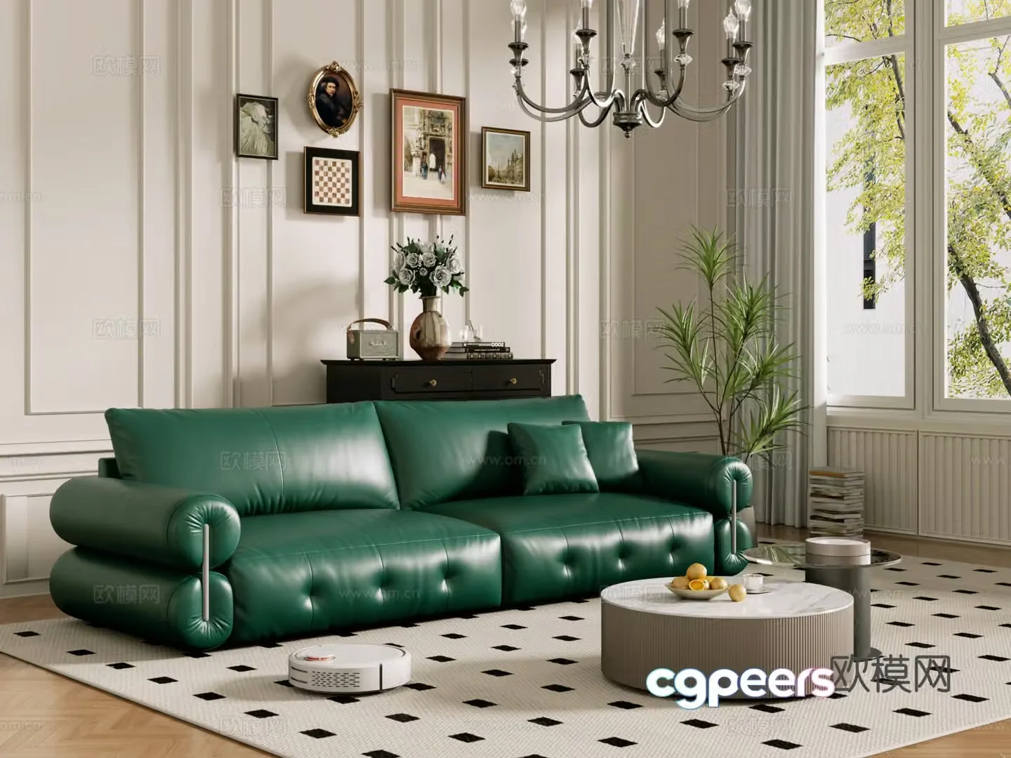Middle-aged sofa combination coffee table carpet multi-person sofa 3D model