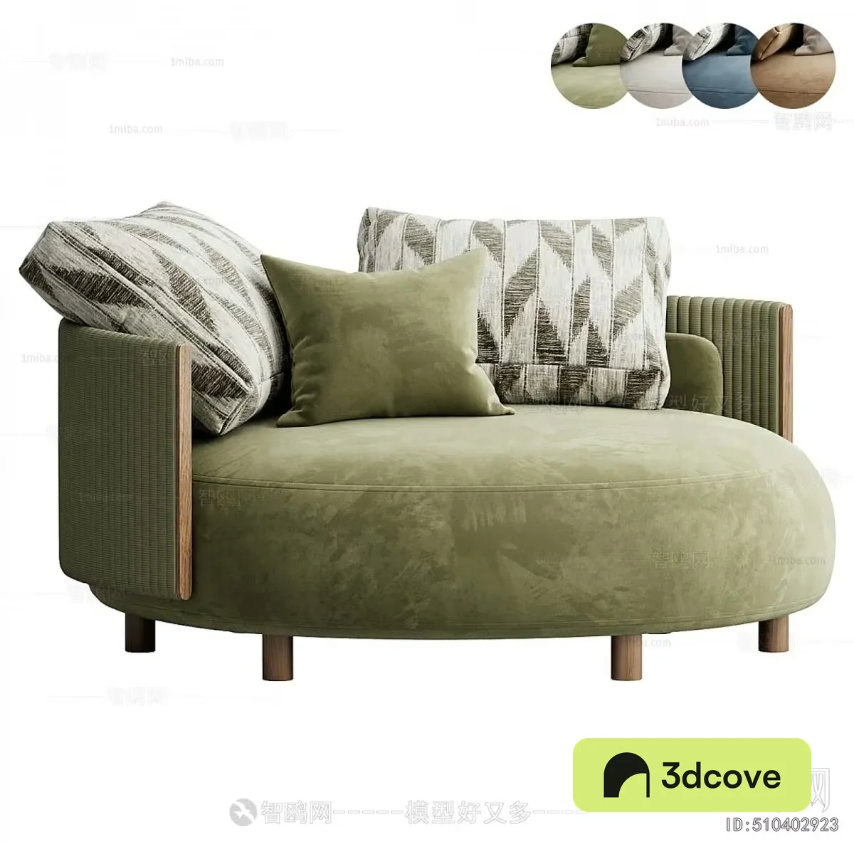A Green Sofa With A Patterned Back Cushion