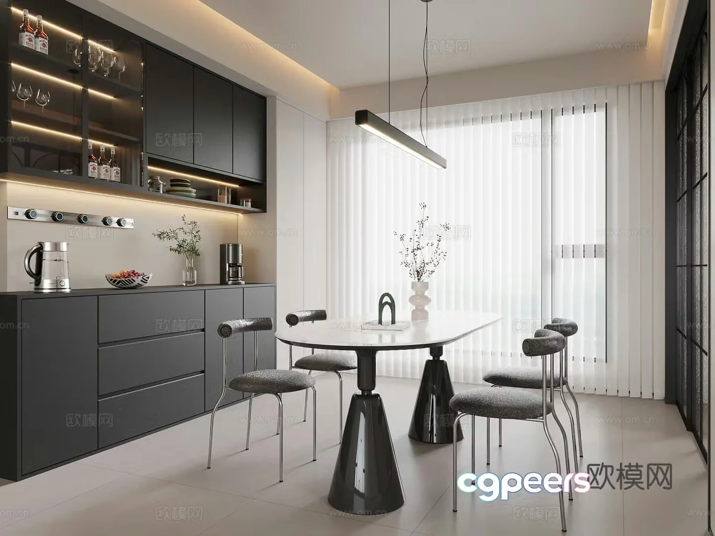 Restaurant Modern minimalist restaurant Wine cabinet Side cabinet Dining table and chair combination Black and white restaurant 3D model