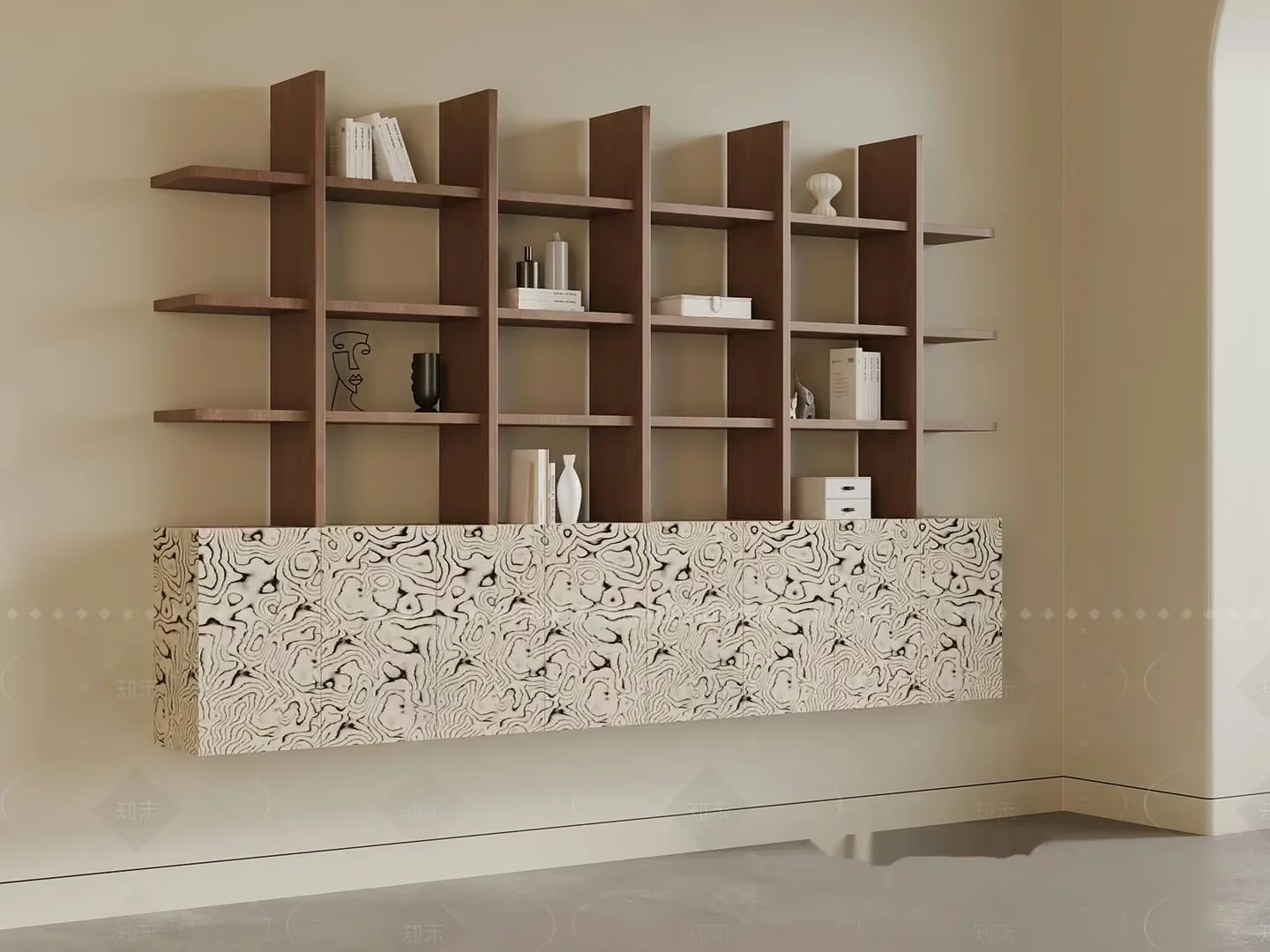 A Wooden Shelf With Decorative Items 3D Model – 10722 – VRAY Render