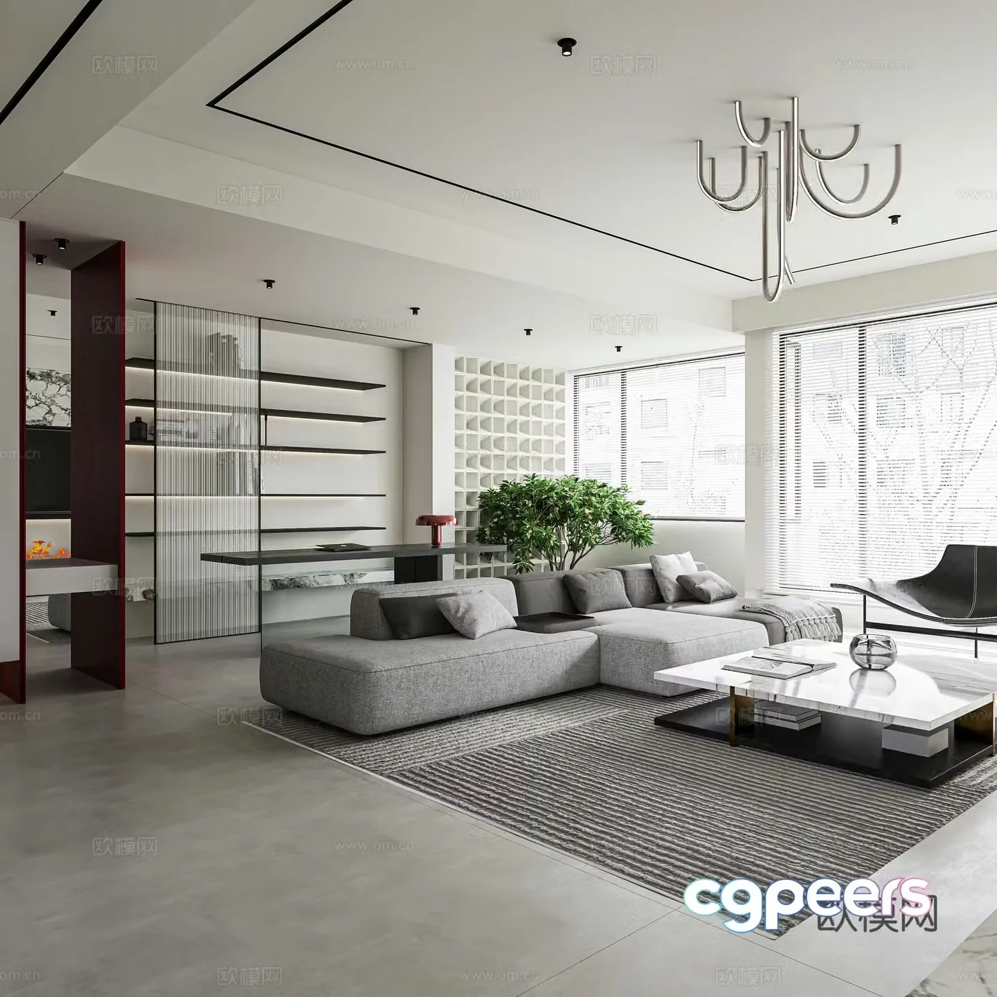 Modern minimalist living room horizontal hall no main light large flat floor fireplace eames lounge chair 3d model