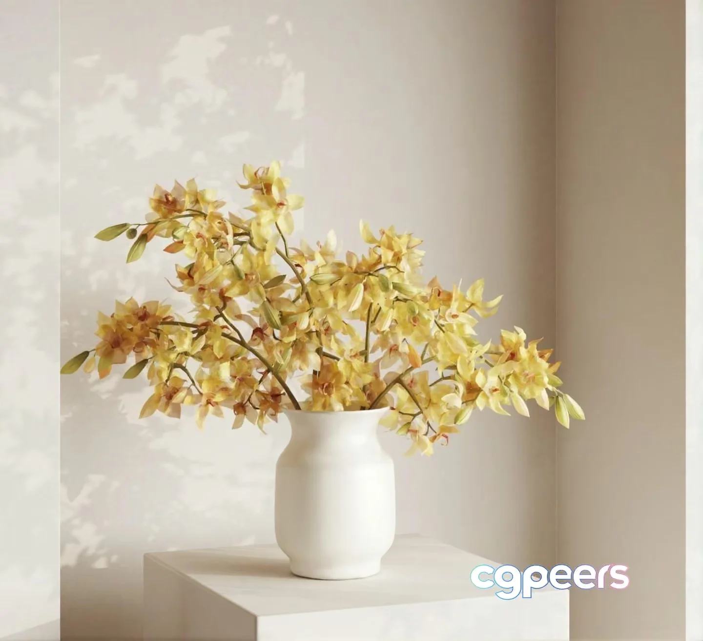 White Vase With Yellow Flowers 3D Model – 2406 – VRAY Render