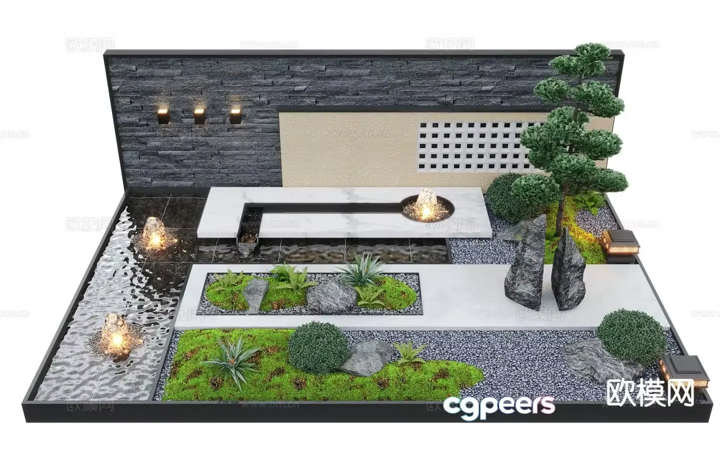 New Chinese style fountain water feature wall falling water wall 3D model
