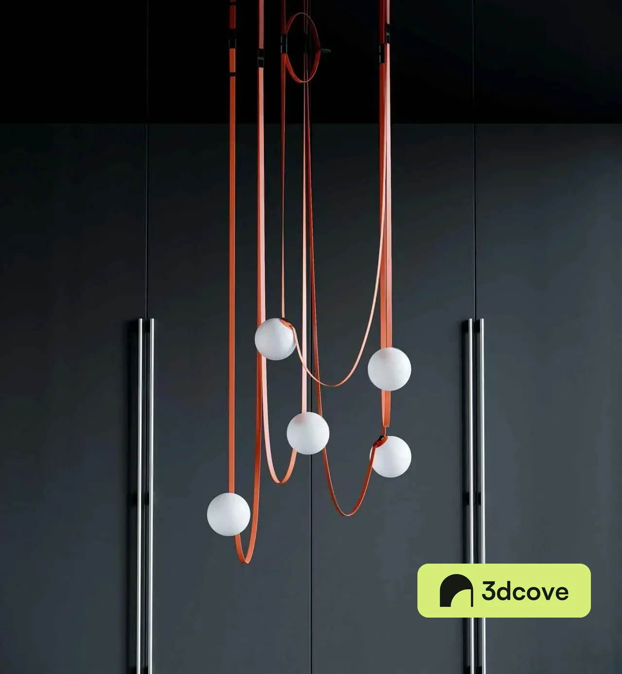 A Chandelier With White Balls And Orange Cords