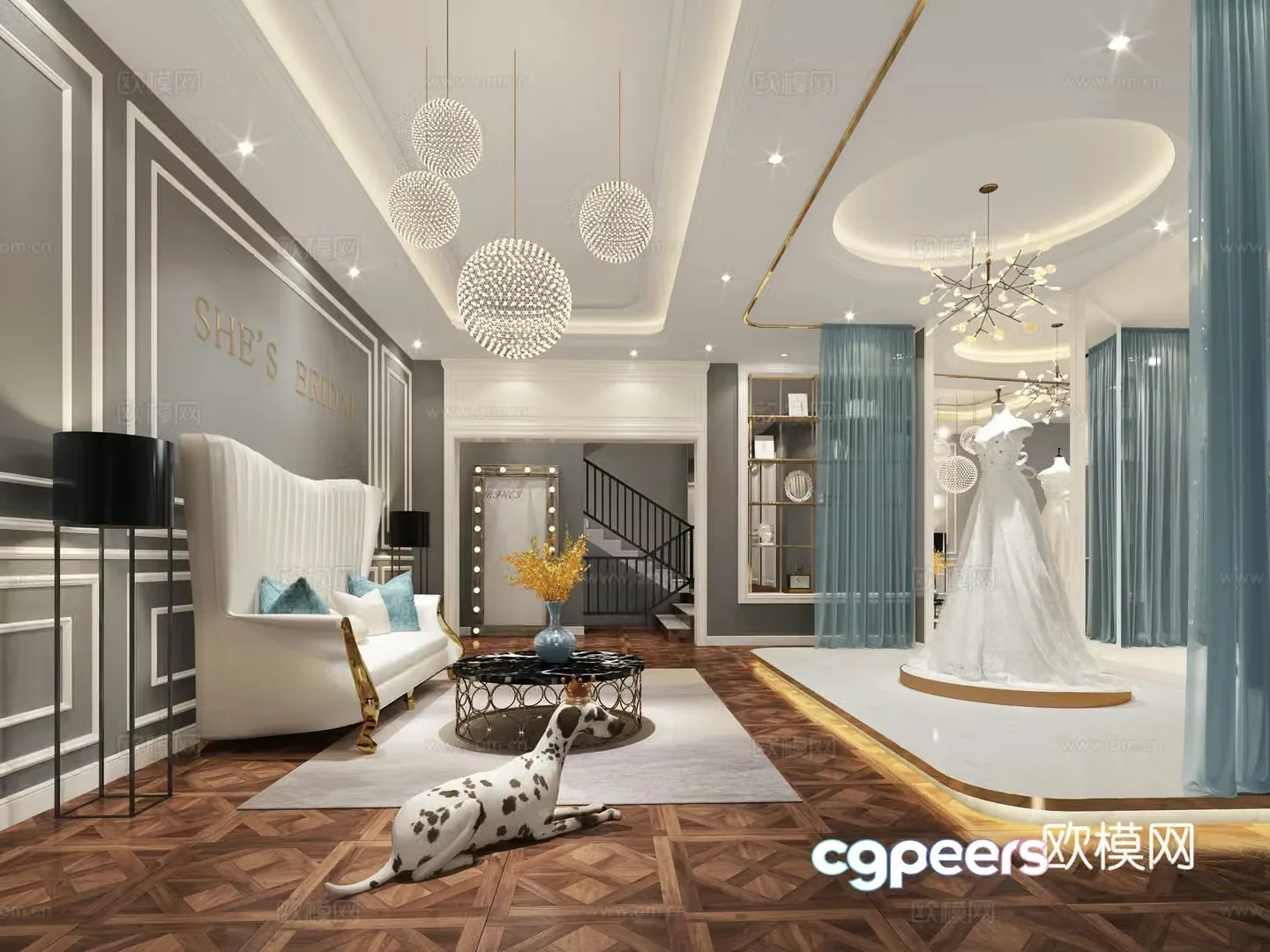 Nordic wedding photography house chandeliers luxury sofa wedding dress model spot dog 3d model