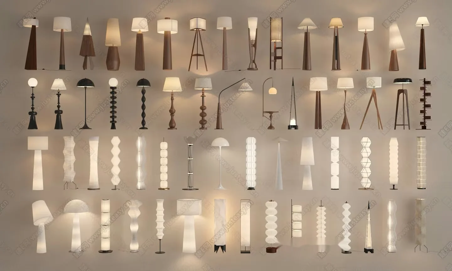 The Image Showcases A Collection Of Floor Lamps Each With A Unique Design And 3D Model – 11109 – VRAY Render