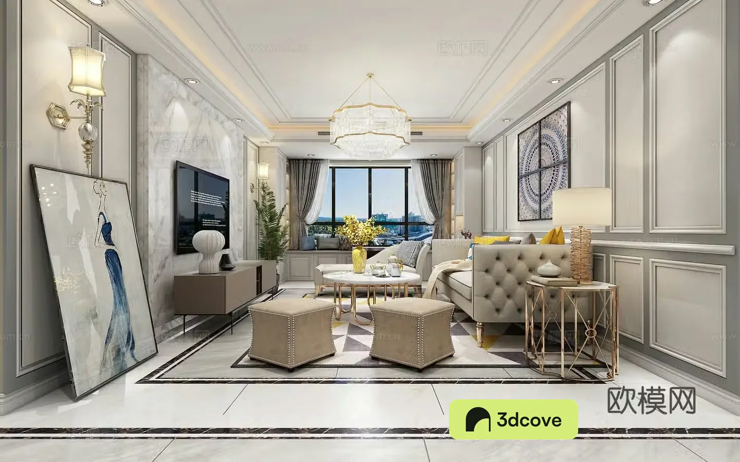 American simple living dining room entrance sofa coffee table dining table chair desk lamp TV cabinet bay window