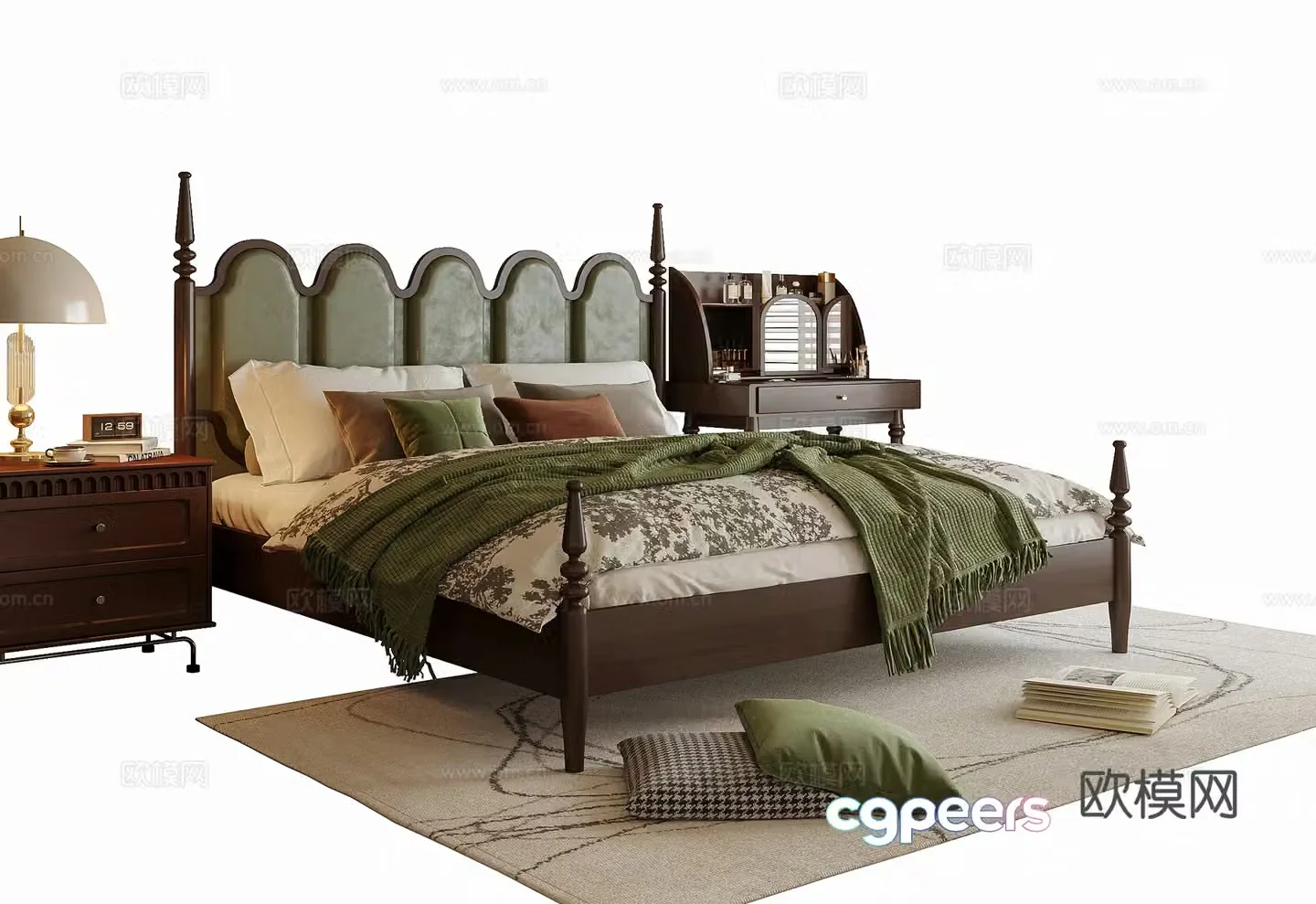American double bed nightstand dressing table 3d model