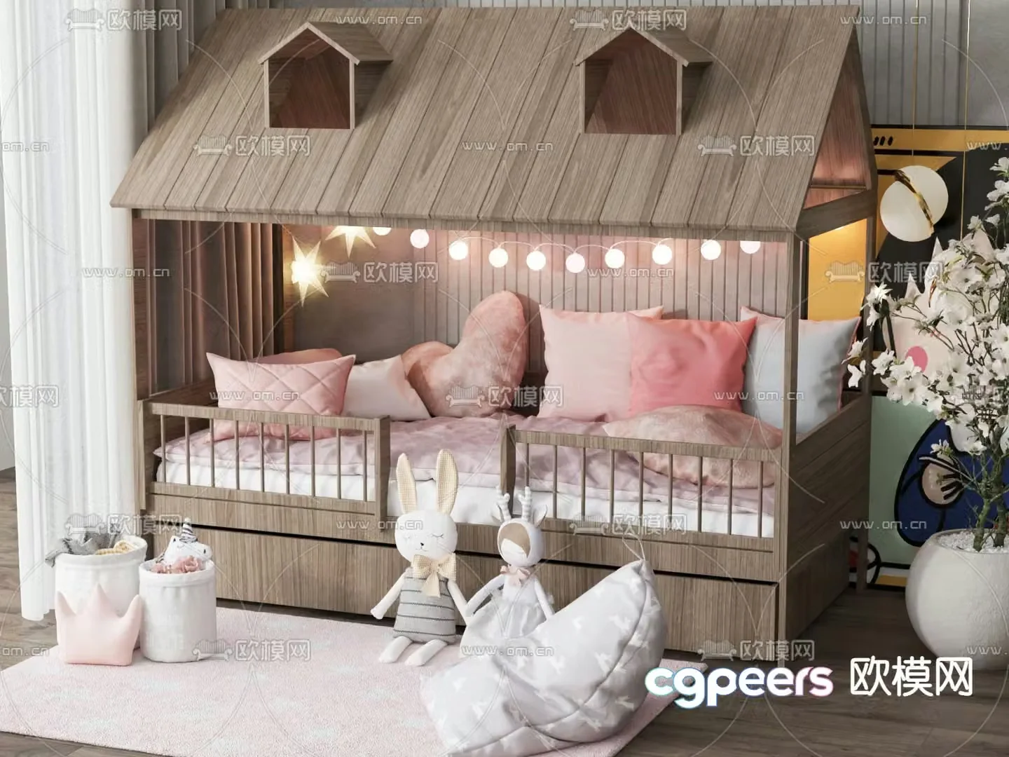 Children’s bed wooden house bed 3d model