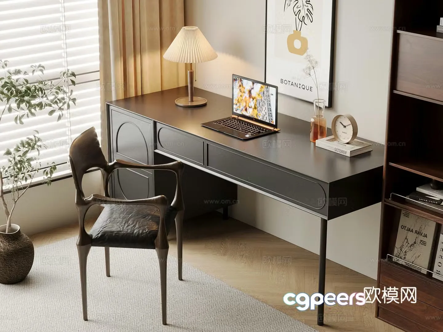 Middle-aged desk and chair Computer desk and chair Writing desk Study desk and chair Solid wood single chair Bookcase 3D model
