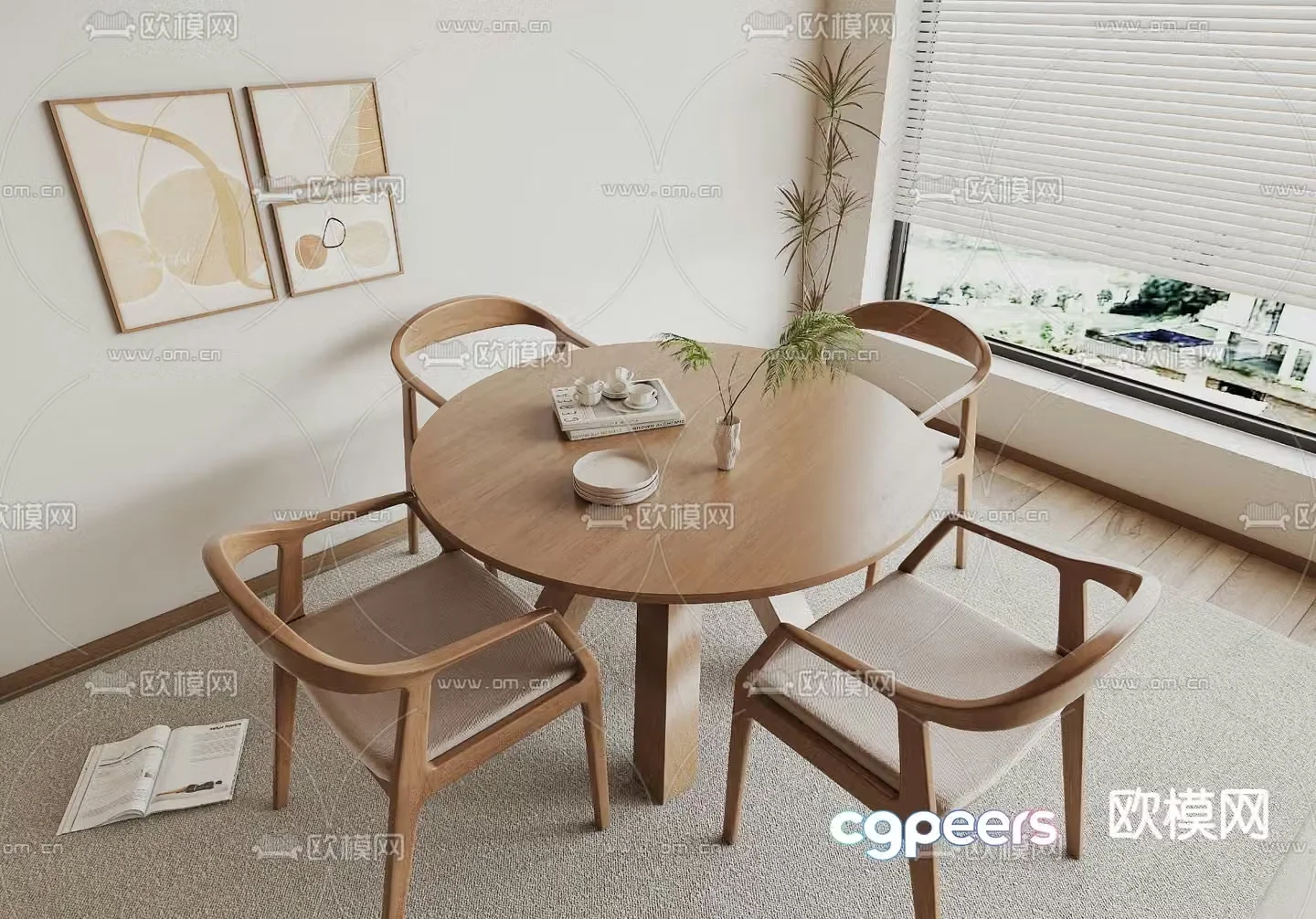 Round dining table and chairs 3d model