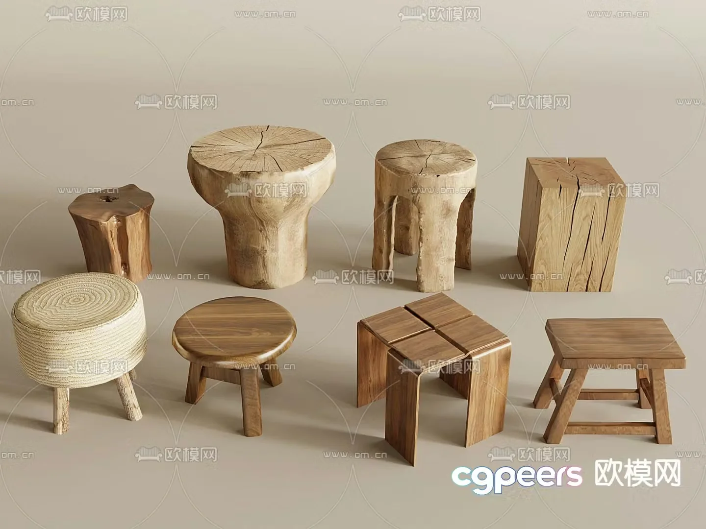 Nordic solid wood pier log stool rattan stool 3D model