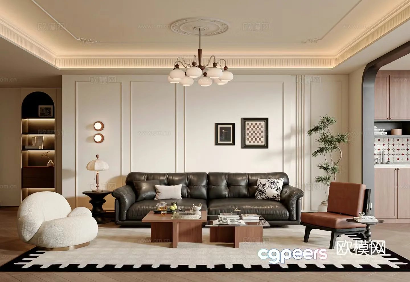 French medieval style living room sofa and coffee table combination leisure chair chandeliers potted plants desk lamps 3D model