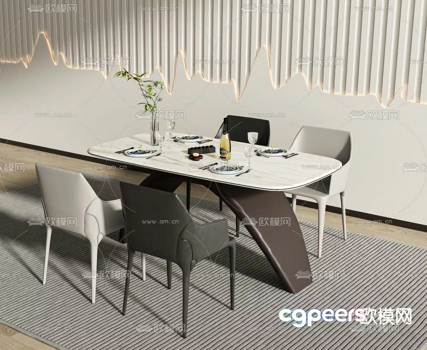 Long dining table and chairs 3d model
