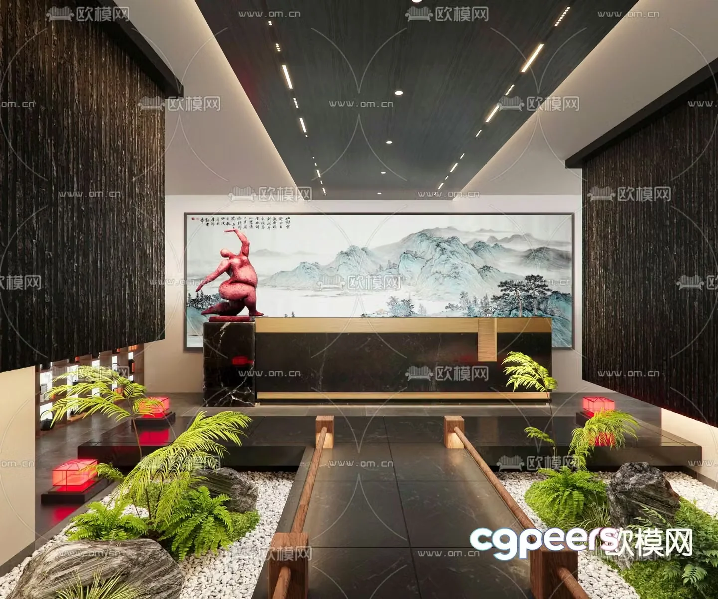 New Chinese style aisle interior landscape teahouse landscaping 3D model