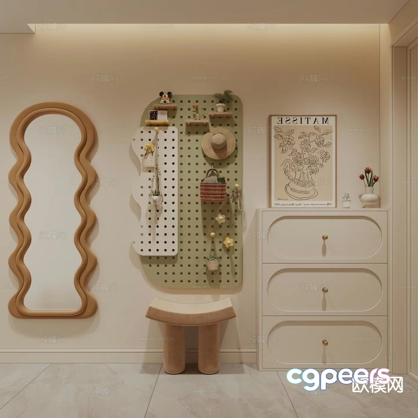 Cream style entryway shoe cabinet 3D model