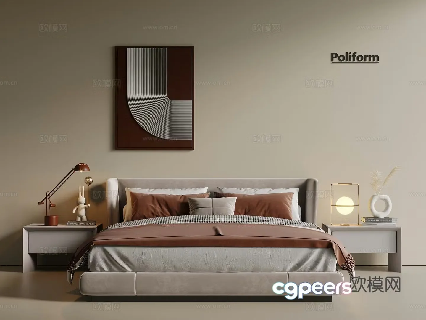 Light luxury Wasabi Double bed Fabric bed Leather bed Master bedroom bed 3D model
