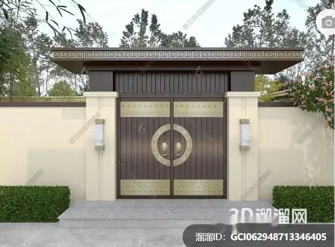 A Large Brown Gate With Gold Accents 3D Model – 2196 – VRAY Render