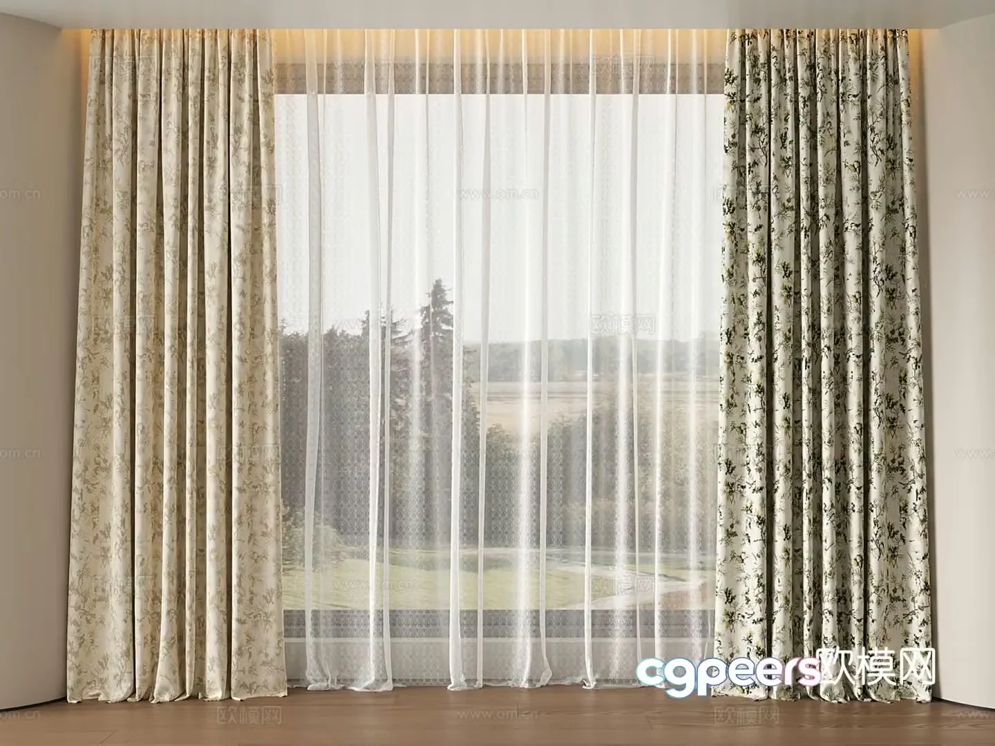 French retro curtain pattern small floral 3d model