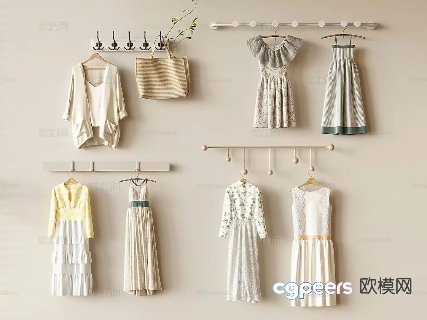 Cream style coat hook wall hanging coat rack dress women’s clothing 3d model