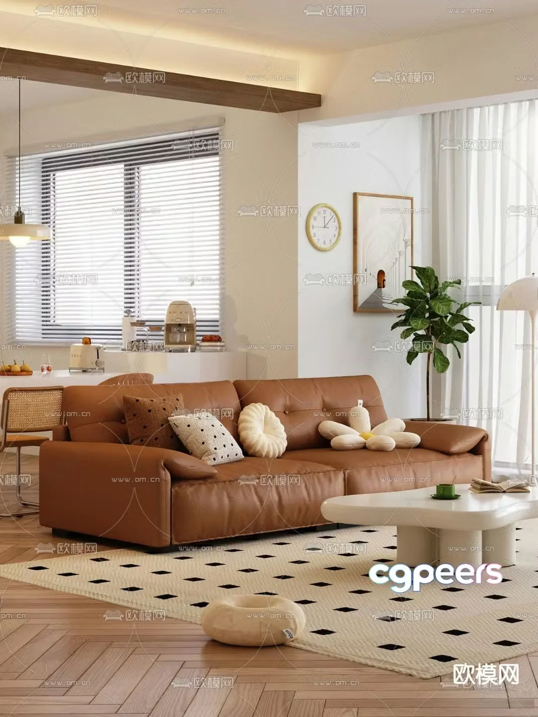 Cream style double leather sofa 3d model