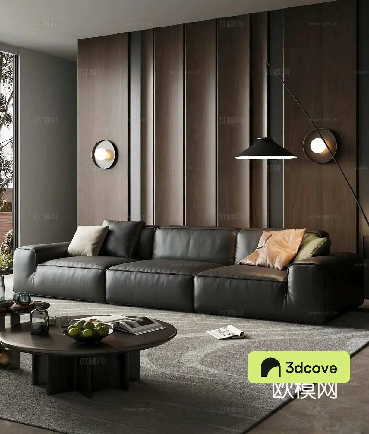 Modern light luxury home living room European minimalist high-end living room Big black bull three-person sofa Coffee table carpet