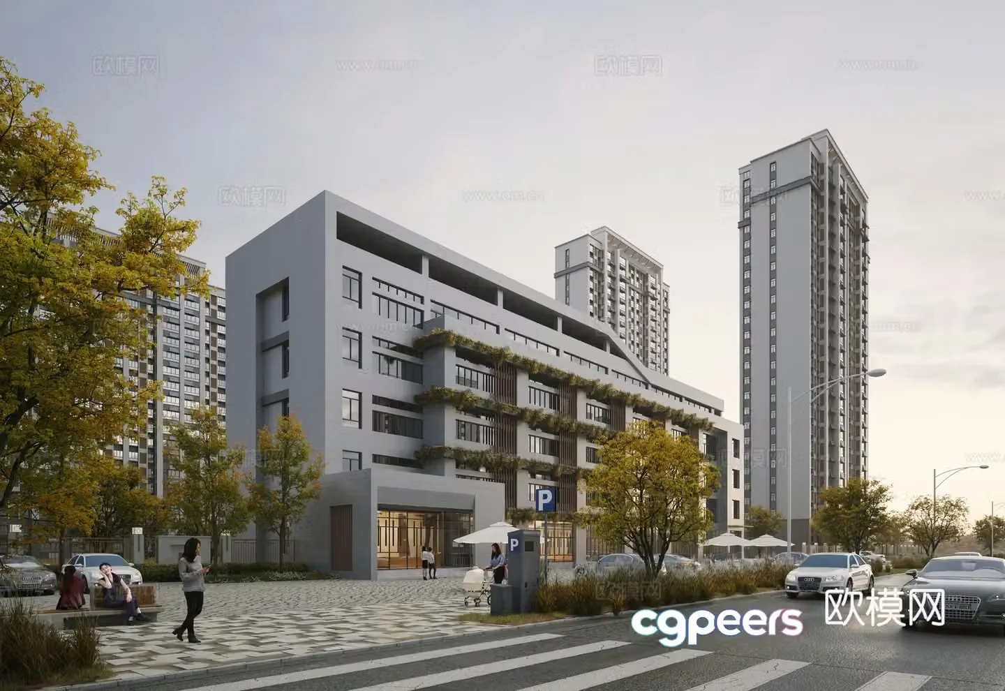3D model of the office building of the residential building along the street