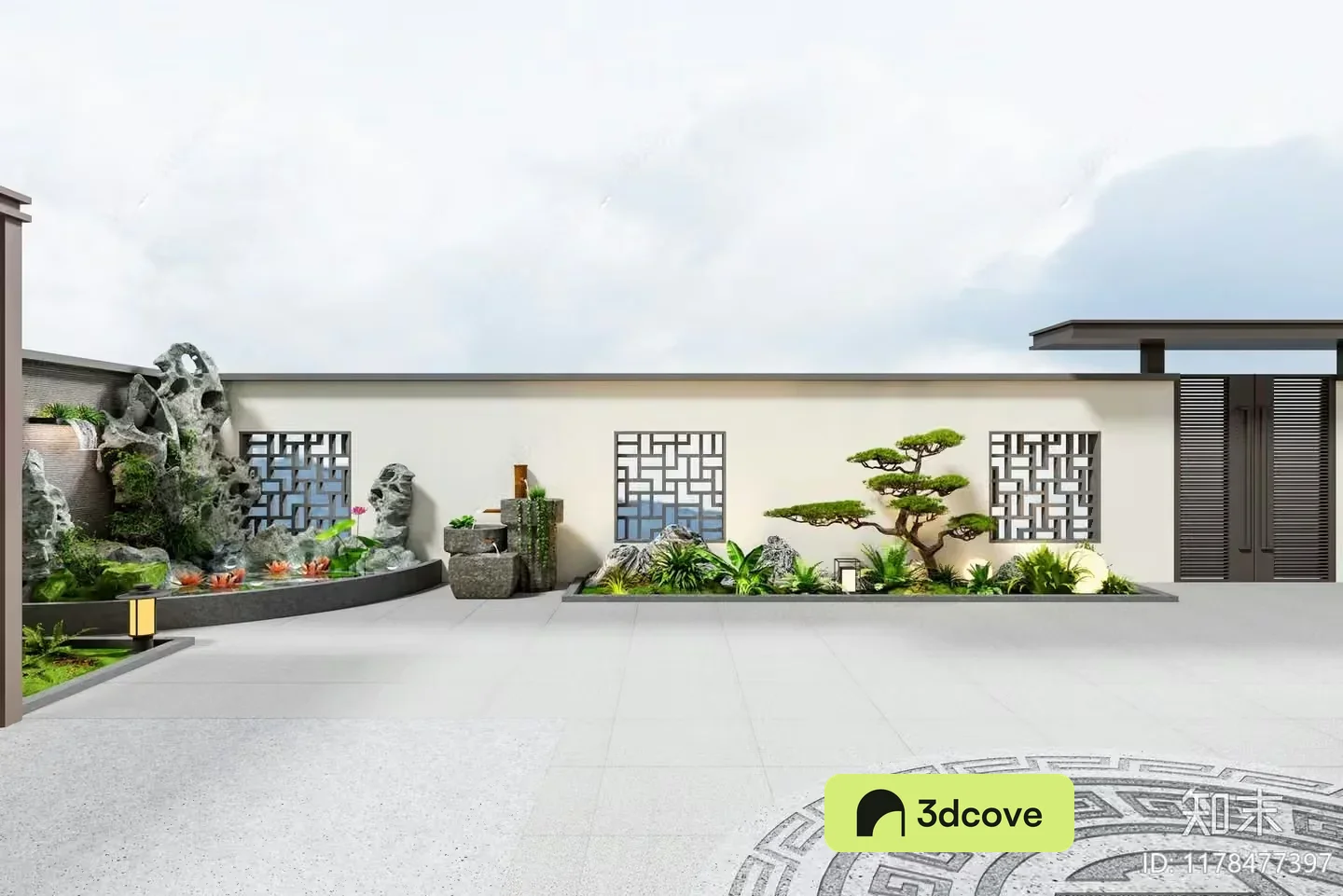A Japanese-Style Garden With A Stone Wall
