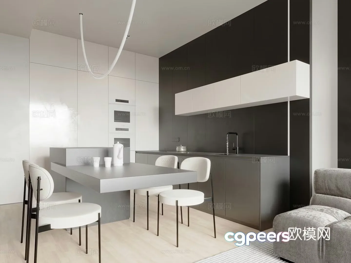Modern minimalist style black and white gray restaurant 3d model