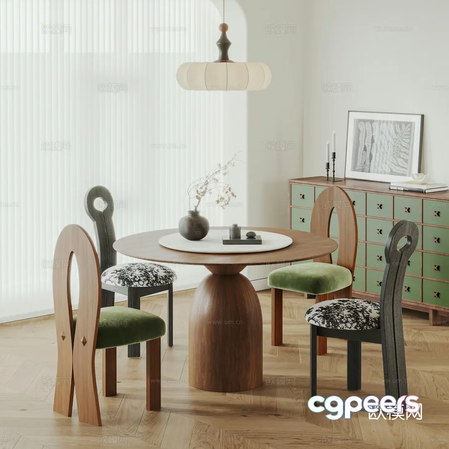 Medium style dining table and chair combination Medium style restaurant Round dining table Solid wood dining chair French dining chair 3D model