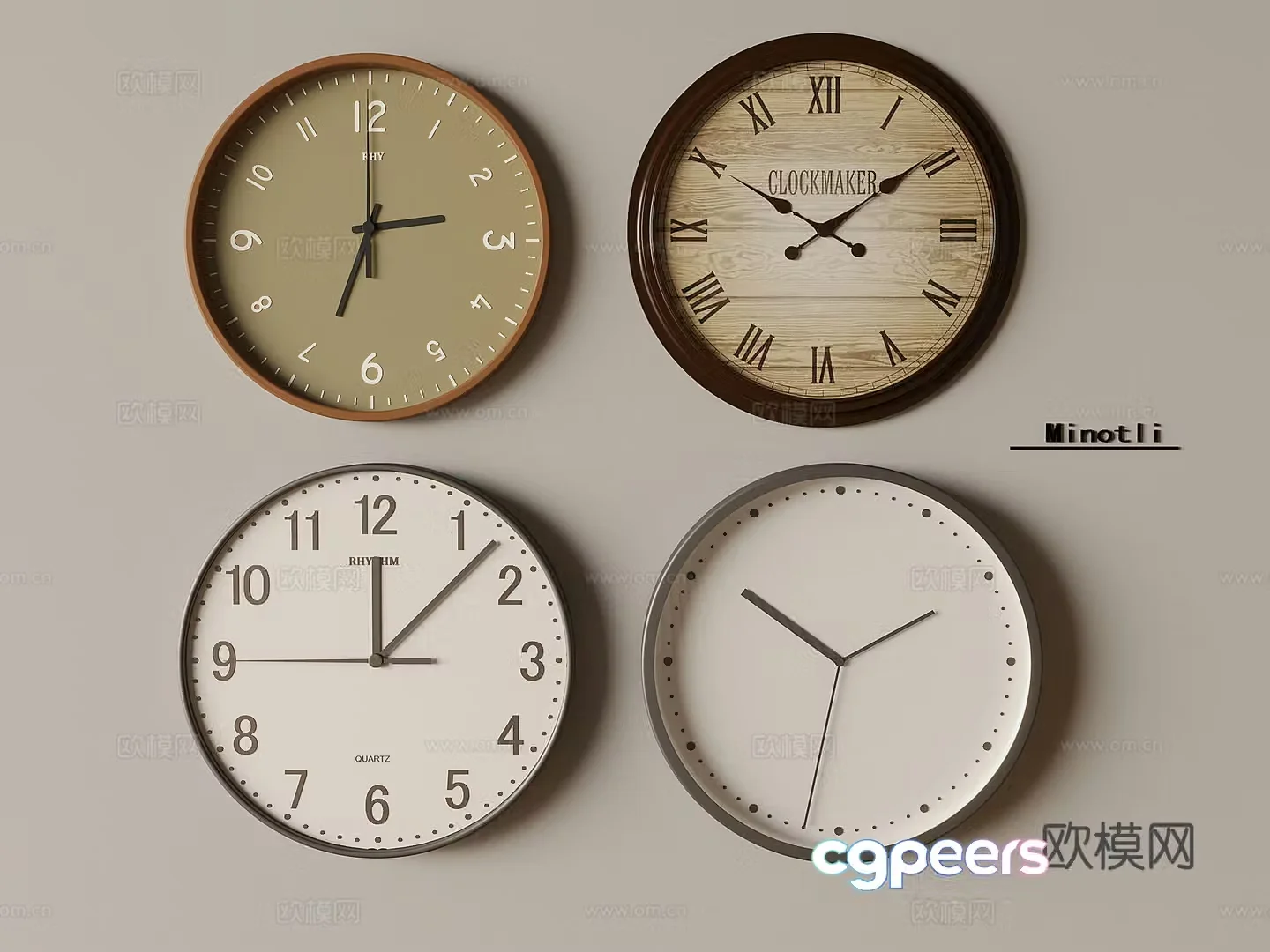 Four Wall Clocks 3D Model – 5761 – VRAY Render