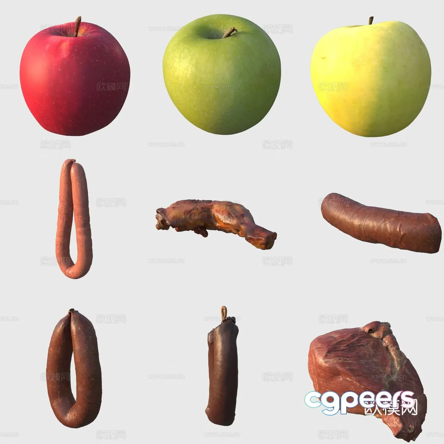 Food Apple Smoked Sausage Sausages Bacon 3D Model