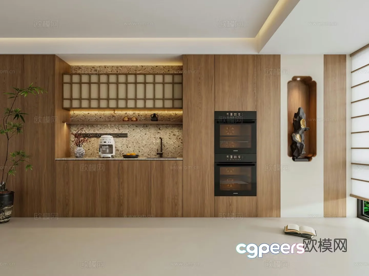 Zen New Chinese Style Sideboard Wine Cabinet Sideboard Western Kitchen Sideboard Inline Steaming Oven 3D Model