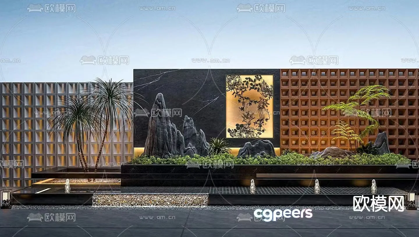 Fountain sketch 3D model of stacked water feature wall