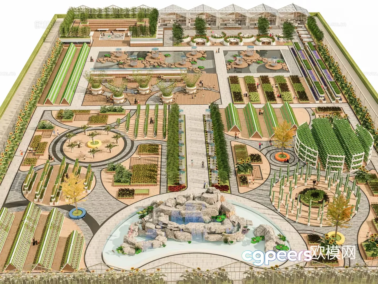 A 3D Rendering Of A Large Garden With Various Plants And A Pond 3D Model – 3444 – VRAY Render