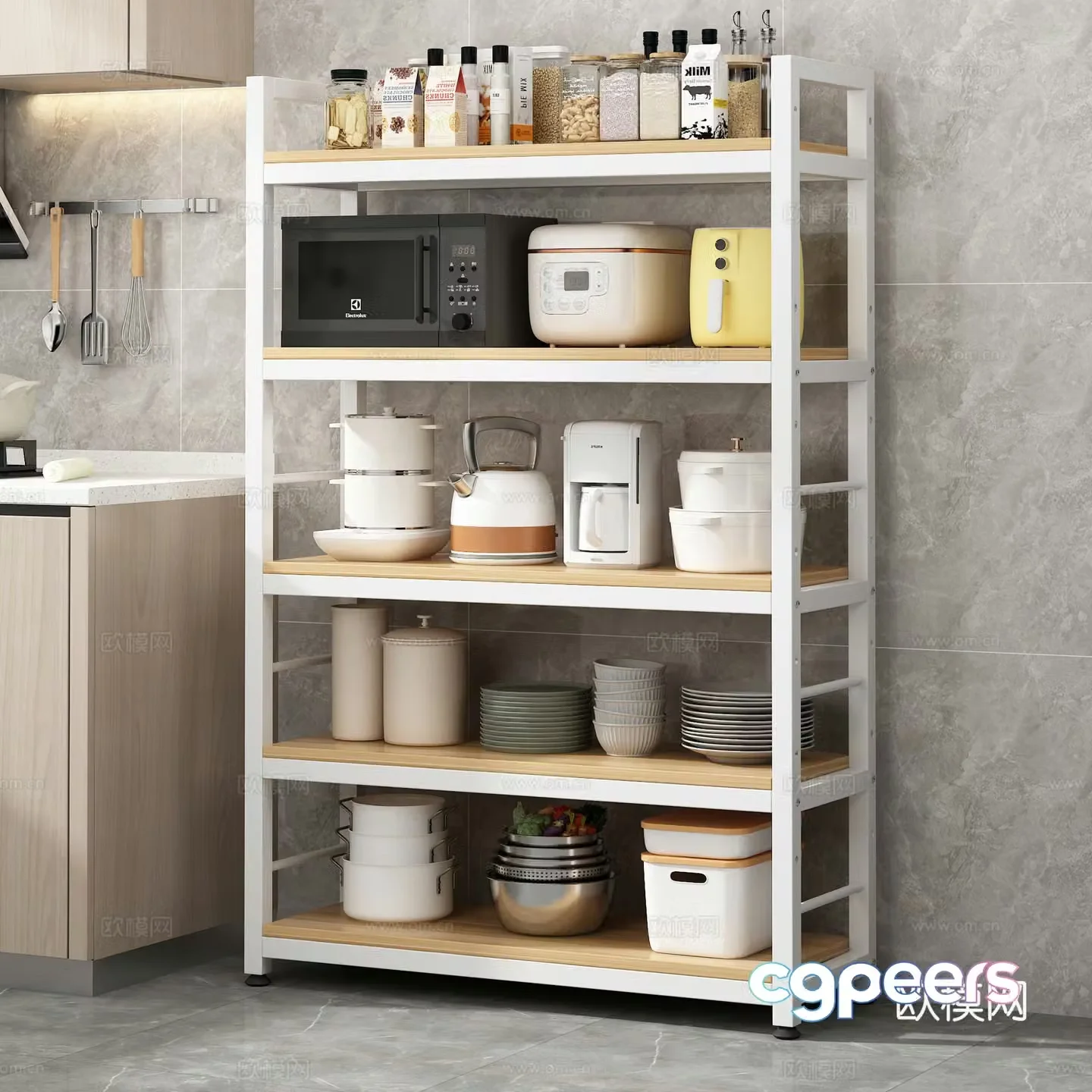 Modern kitchen shelf microwave oven kitchen supplies seasoning bottle pots and pans 3d model